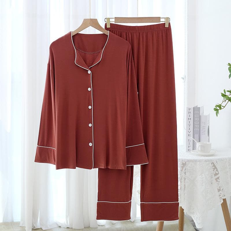 New Spring and Autumn Women's Pajamas Set Modal Pure Color Simple Thin Cardigan Long Sleeve Pants Two Piece Home Suit Sleepwear XL