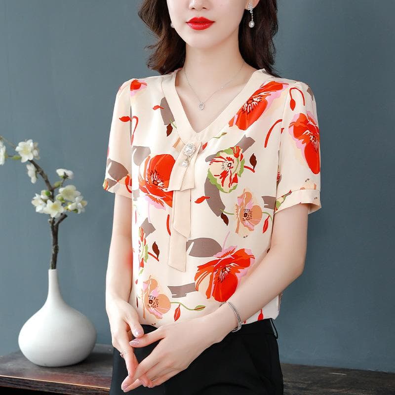 Mom's Summer Short-sleeved Top New Style Middle-aged and Elderly Women's Age-reducing Summer Chiffon Shirt T-shirt 5XL
