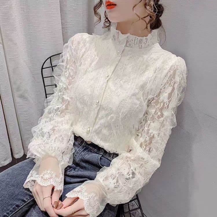Lace Bottom Shirt Outer Women's Autumn and Winter Fashionable Lace Cardigan French Lapel Long Sleeve Tops Fashion 2XL