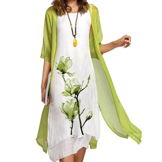 2Pcs/Set Spring Autumn Women Retro Flower Print Irregular Hem Vest Dress Solid Color Half Sleeve Shawl Coat Elegant Outfit 3XL green