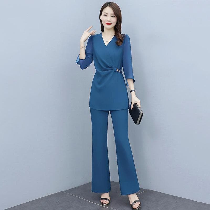 Solid Color Wide-leg Pants Suit Women's Summer Chiffon Temperament Professional Leisure Two-piece Fabric Light and Breathable M
