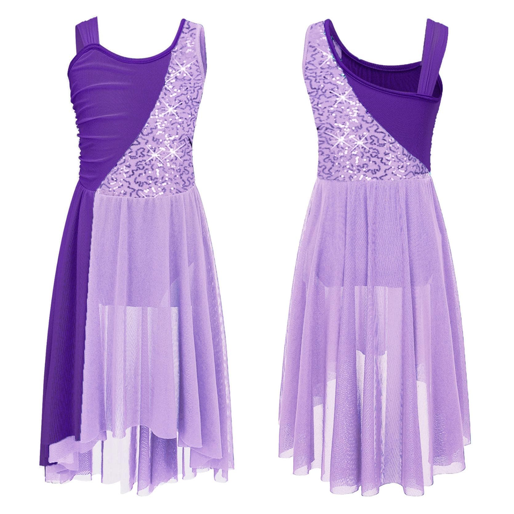 Kids Girls Sleeveless Chiffon Lyrical Dance Costumes Color Block Leotard Dress Modern Contemporary Dresses 13-14 Years lavender