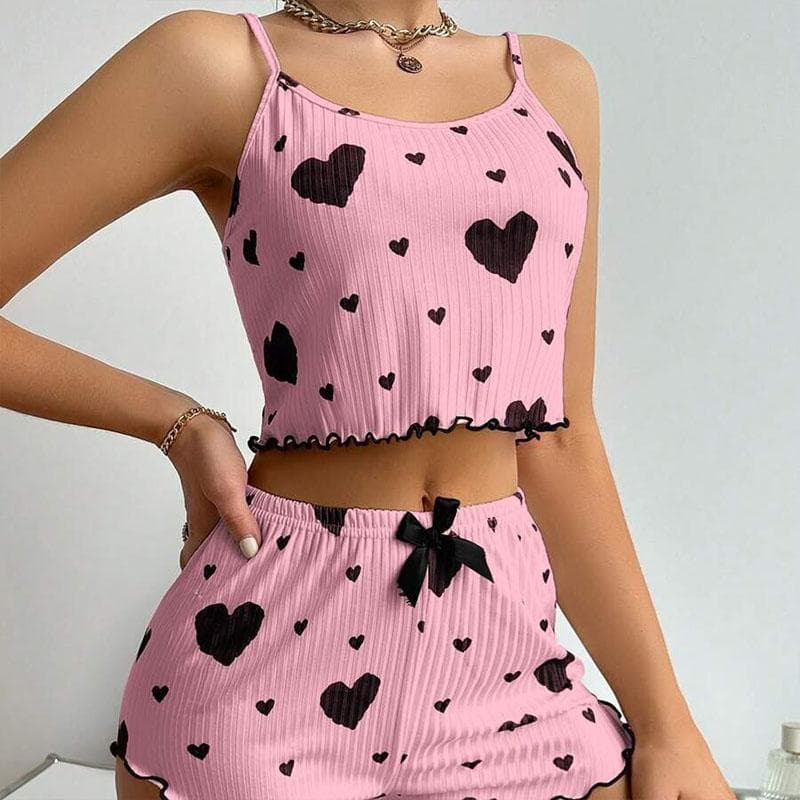 Women's Pajamas Set Sleepwear 2 PCS Short Tank Tops And Shorts White Ventilate Soft Casual Love Printing 3XL pink