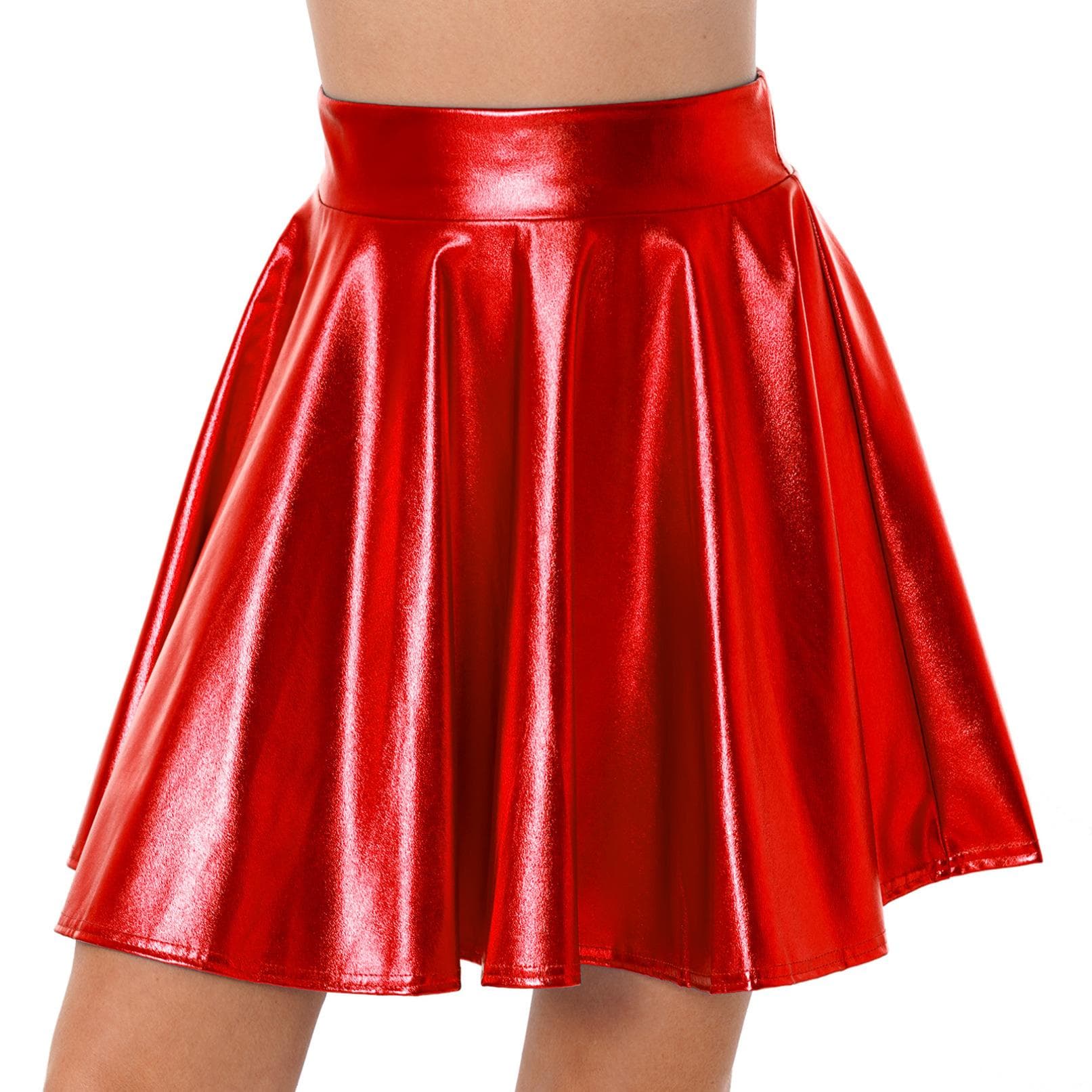 Women's Glossy High Waist Flare Skirt Shiny Metallic Ruffle Costume Party Dancewear L red