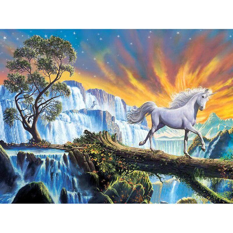 5D DIY Full Round Diamond Embroidery White Horse Waterfall Diamond Painting Cross Stitch Rhinestone 20X30CM