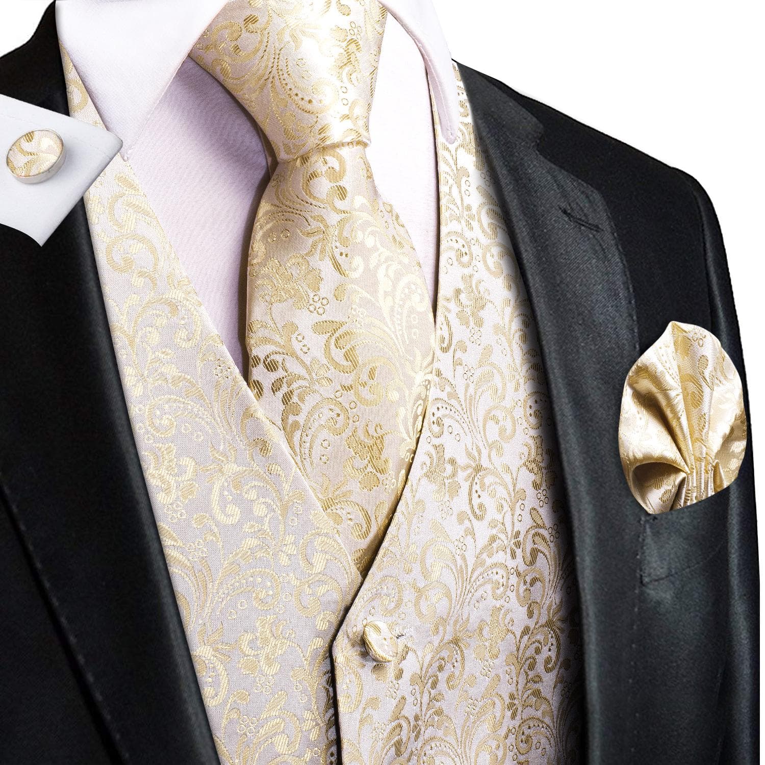 Hi-Tie Mens Waistcoat Silk Paisley Floral Tie Handkerchief Cufflinks SET Formal 3XL