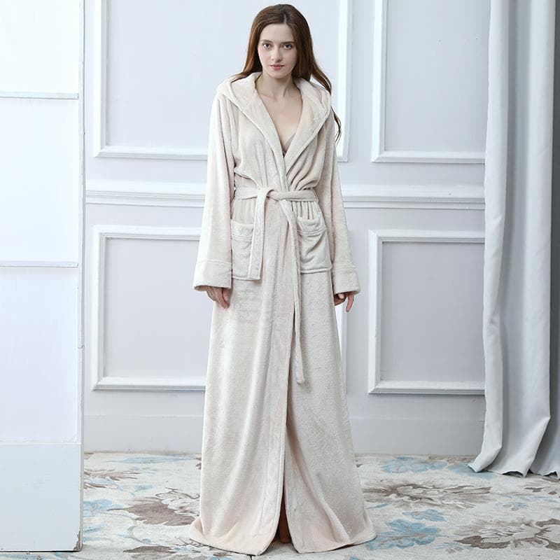 Lovers Extra Long Hooded Warm Flannel Bathrobe Winter Women Men Plus Size Thick Coral Fleece Bath Robe Bride Cozy Dressing Gown M