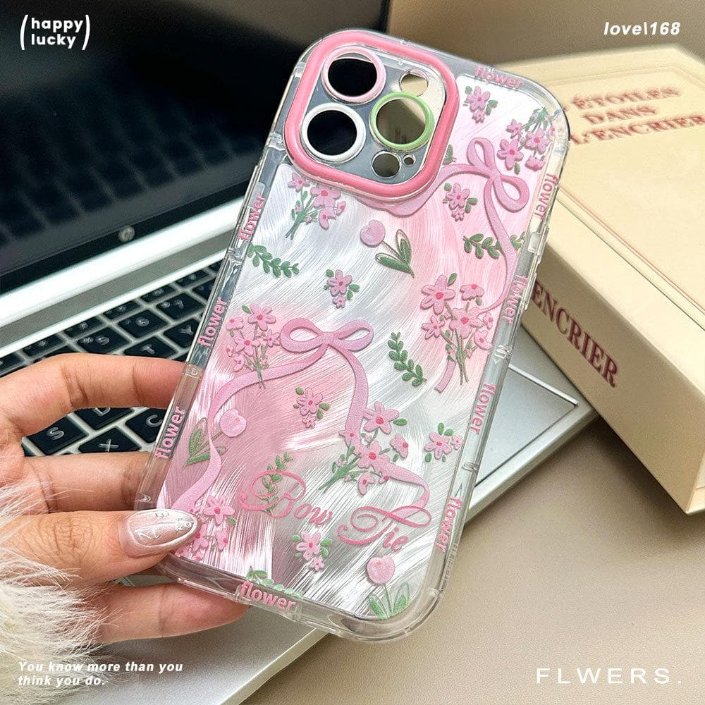 Applicable To Apple 16PM Pink Frame Feather Yarn Mobile Phone Case IPhone13pro Bow Floral Protective Case Full Package iPhone16PROMAX