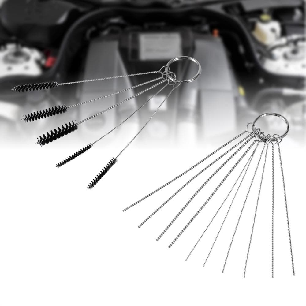 Carburetor Carbon Dirt Jet Remove Set 10 pcs Cleaning Needles and 5 pcs Brushes Tool Kits Vehicle silver