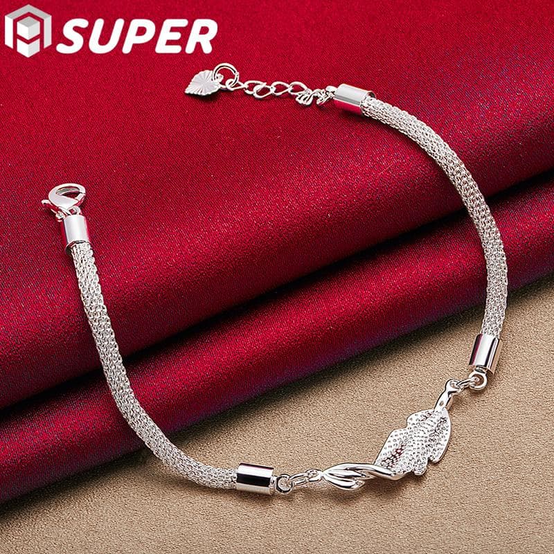 925 Sterling Silver Net Snake Heart Chain Bracelet Jewelry 20cm