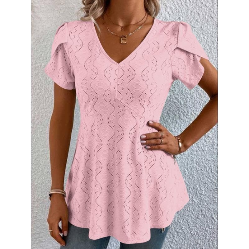 Summer Solid Colour V-neck Comfortable Casual T-shirt Short Sleeve Top for Women M pink