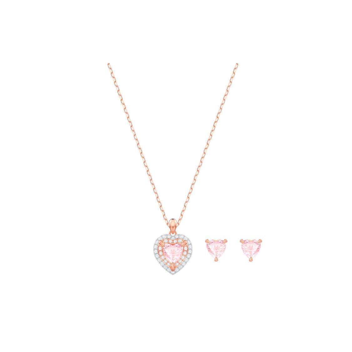 Swarovski One Pink Heart Gorgeous Earrings Necklace Set Women Jewelry Rose-Gold 5470897 Box (Random Color)