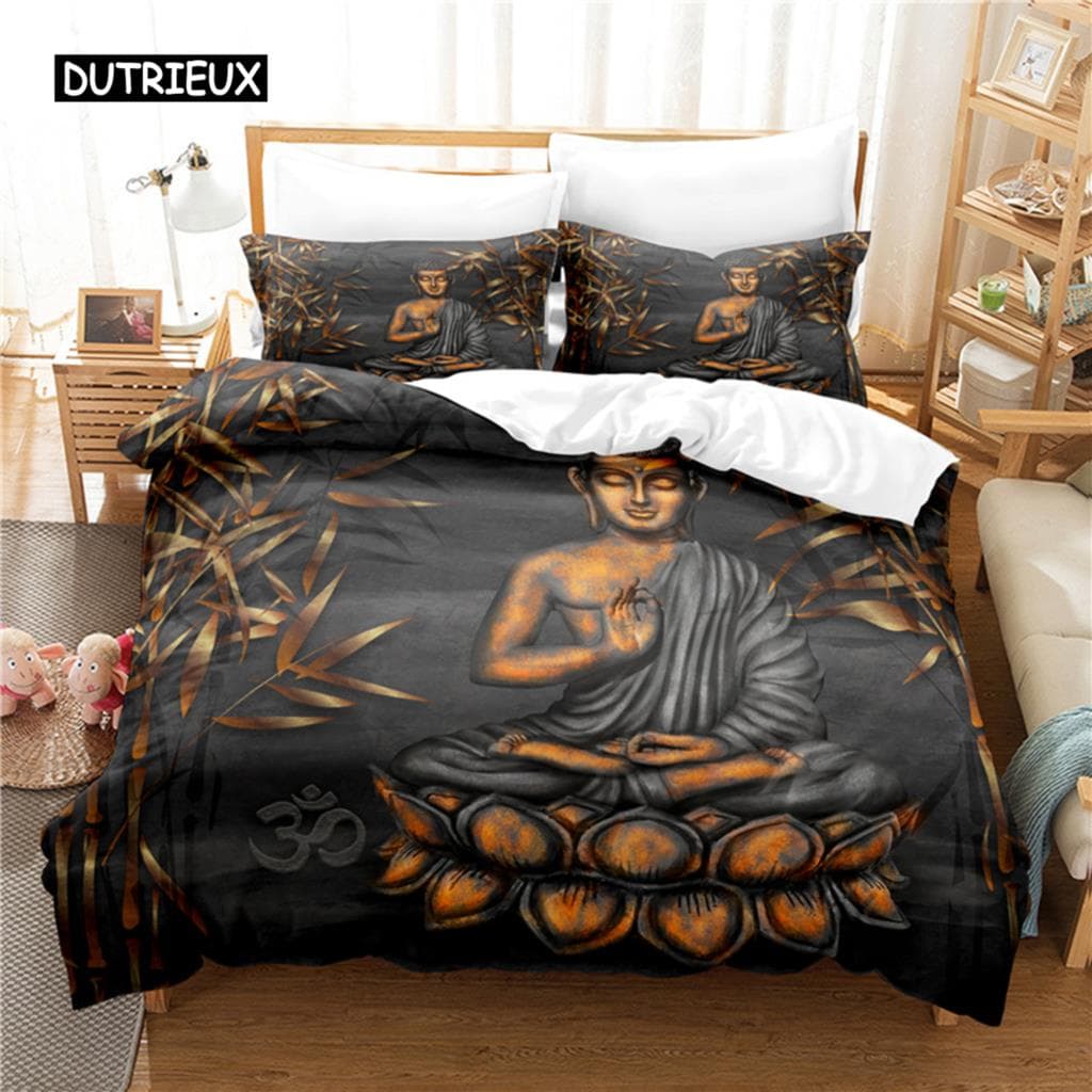 Buddha Duvet Cover Set King Size Golden Mandala Asian Culture Theme Bedding Set Microfiber Exotic Retro Style Comforter Cover 155x215cm 3pcs