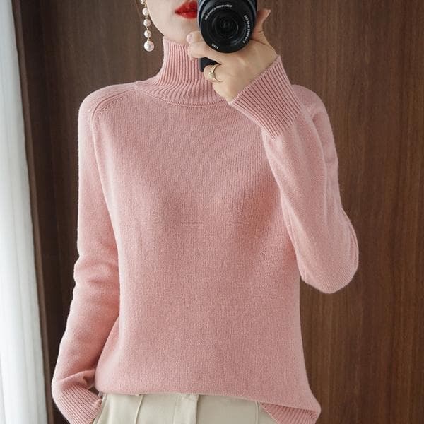 Autumn and Winter Collar Wool Cashmere Pullover Sweater Women Loose High-neck Knitted Bottoming Plus Size Sweater XXL pink