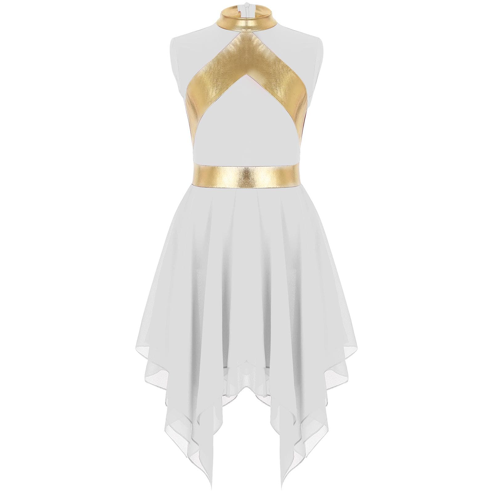 Kids Girls Modern Liturgical Dress Metallic Fabric Sleeveless Asymmetrical Dance Gown 5-6 Years white