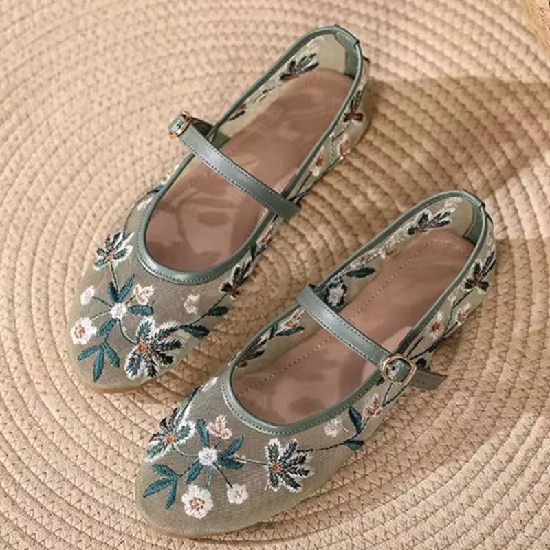 Floral Embroider Mesh Mary Janes Shoes Women Trasparent Elegant Flats Shoes Ladies Casual Summer Breathable Loafers Footwear 39 green