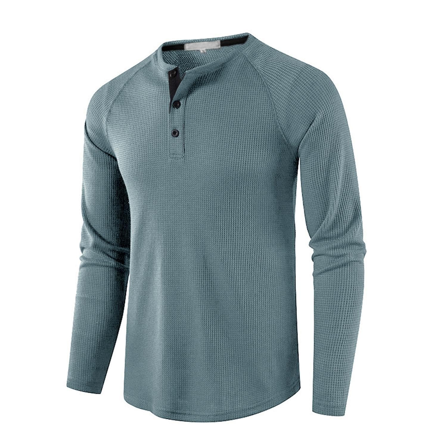 Men’s Waffle Henley Shirts Round Neck Long Sleeves T-Shirt Solid Color Casual Wear Autumn Winter Comfy Shirt XL light blue
