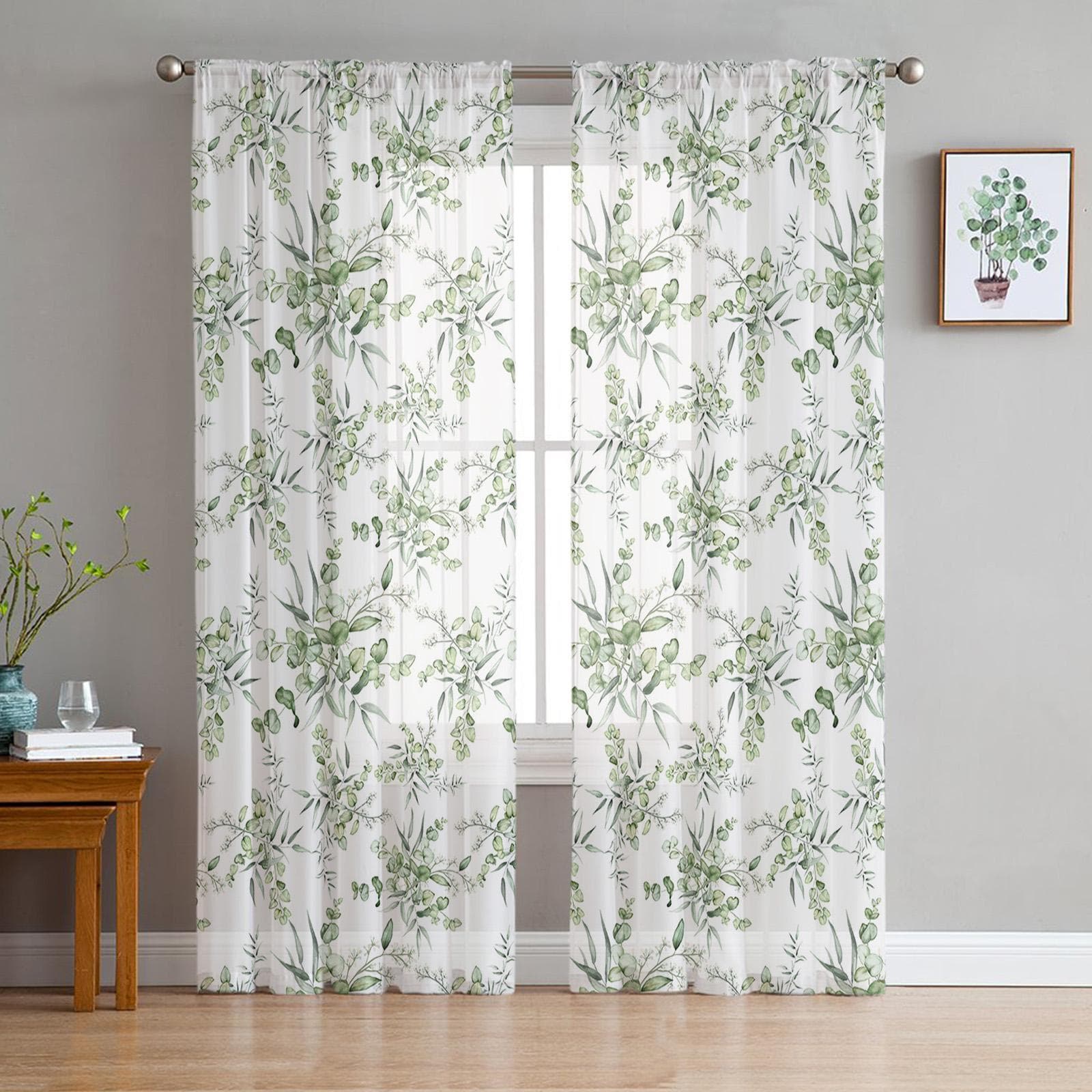 Spring Eucalyptus Leaves Bamboo Voile Sheer Curtains Living Room Window Chiffon Tulle Curtain Kitchen Bedroom Drapes Home Decor 135W x 114H(cm)