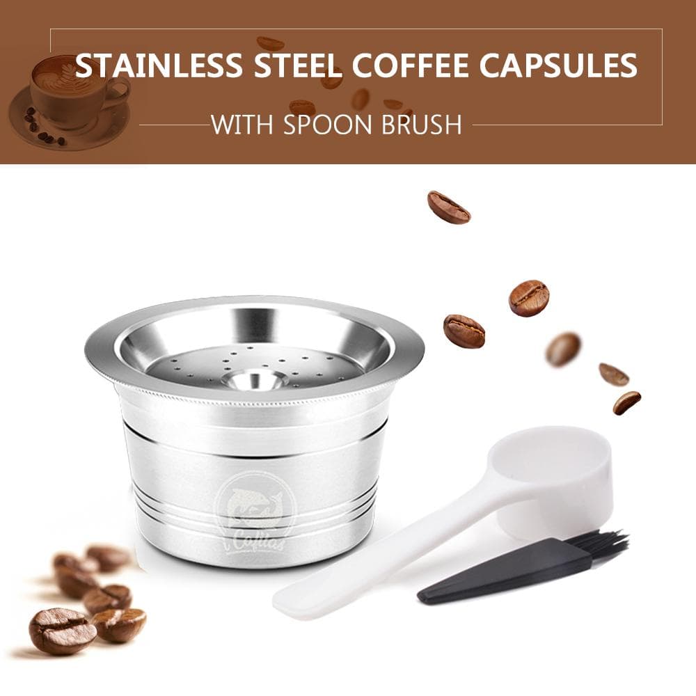 Coffee Capsules Refillable Pods Refillable Coffee Capsules Stainless Steel with Spoon Brush for silver