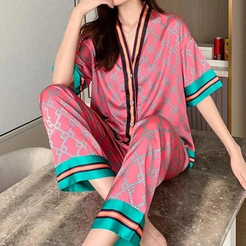 New Pajamas Womens Zebra Summer Spring Satin Silk Short Sleeves Long Pants Sleepwear Sets Girl Thin Sexy Homewear Pajamas Cozy L
