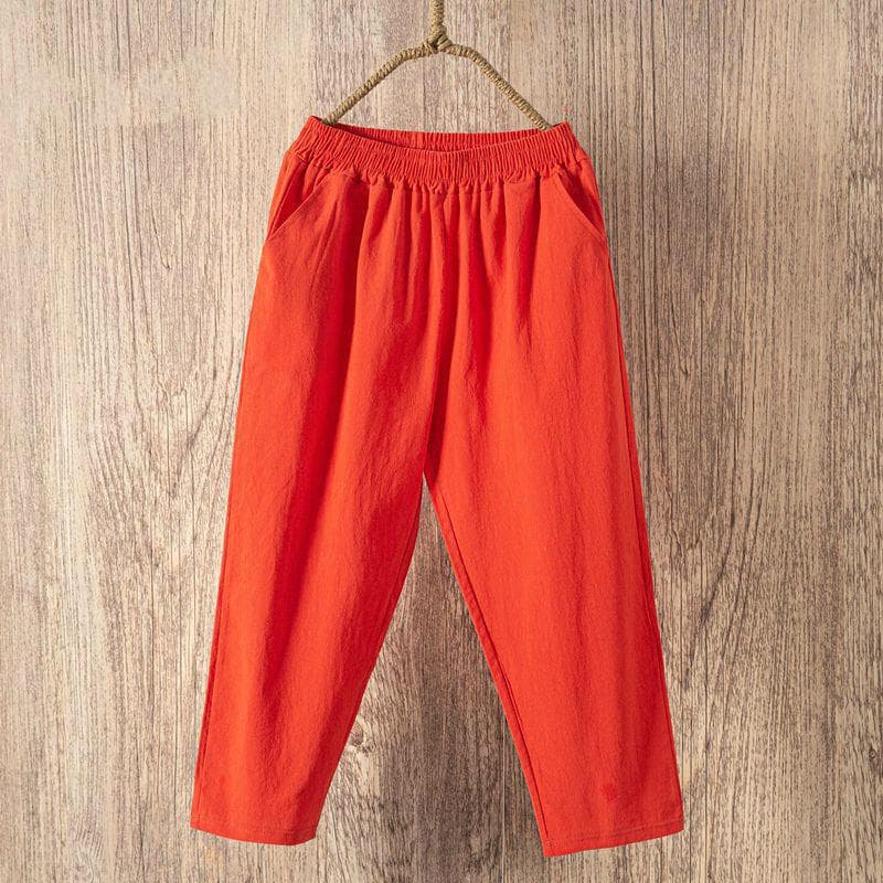 Women Summer Casual Loose Harem Pants Elastic Waist Cotton Linen Pants Ninth Trousers M orange