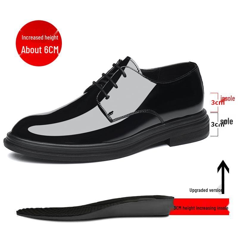 Men's Patent Leather 8CM Height-Boost Business Shoes, Lace-Up, Pointed Toe, Formal/Casual, 6CM Lift, Single Piece. 42