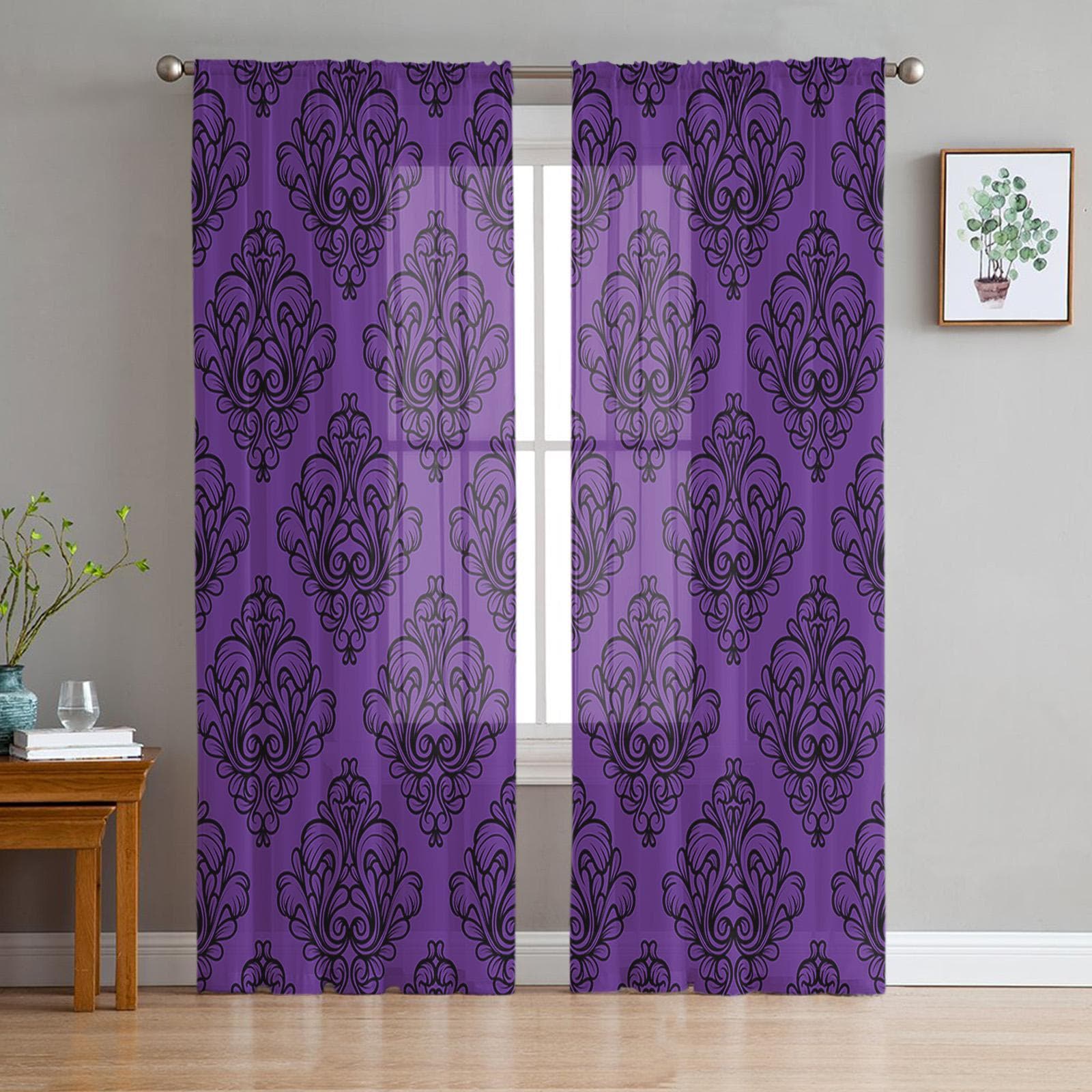 Indoor Tulle Curtains Pattern Texture Purple Girls Bedroom Exquisite Voile Curtain Living Room Kitchen Chiffon Fabric Curtains 135W x 137H(cm)