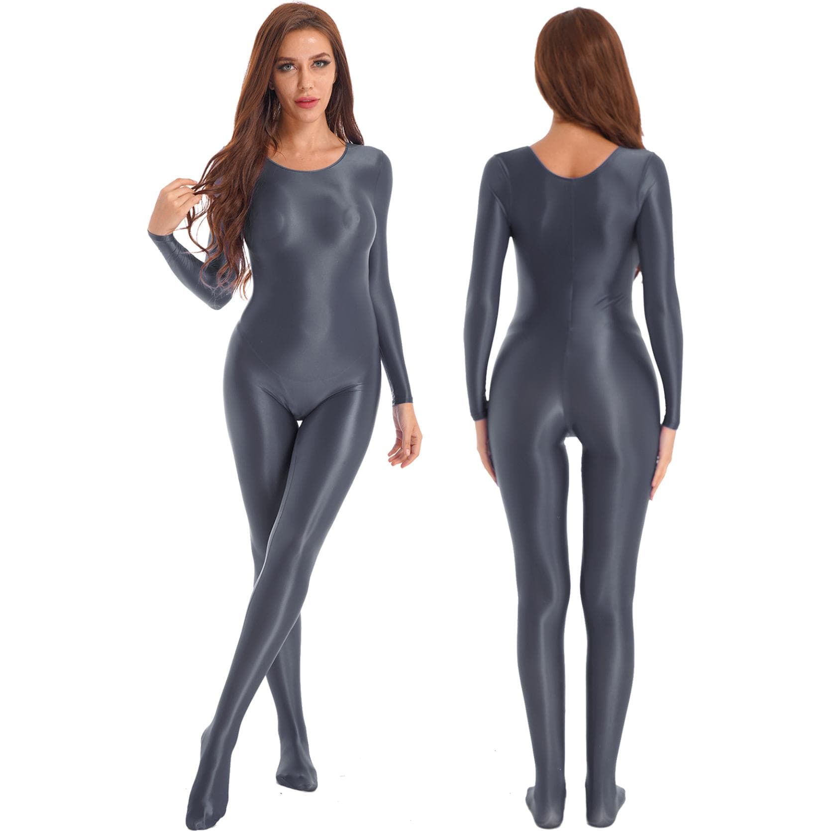 Womens Glossy Smooth Full Body Leotard Bodysuit Jumpsuit Long Sleeve Bodystocking for Sports Fitness Rave Party Clubwear XL grey