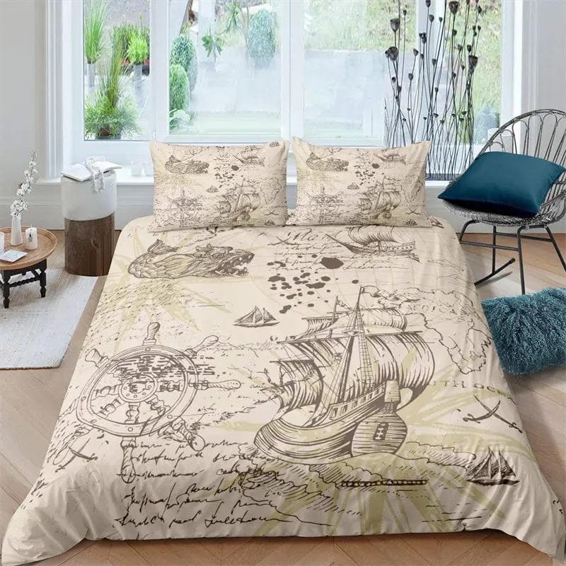 3PCS Single-sided Printed Bedding Set ,Comforter Pirate Sailboat Duvet Cover Ocean Bedding Cover Pillows Comfortable Bedspreads EU single(135x200cm)