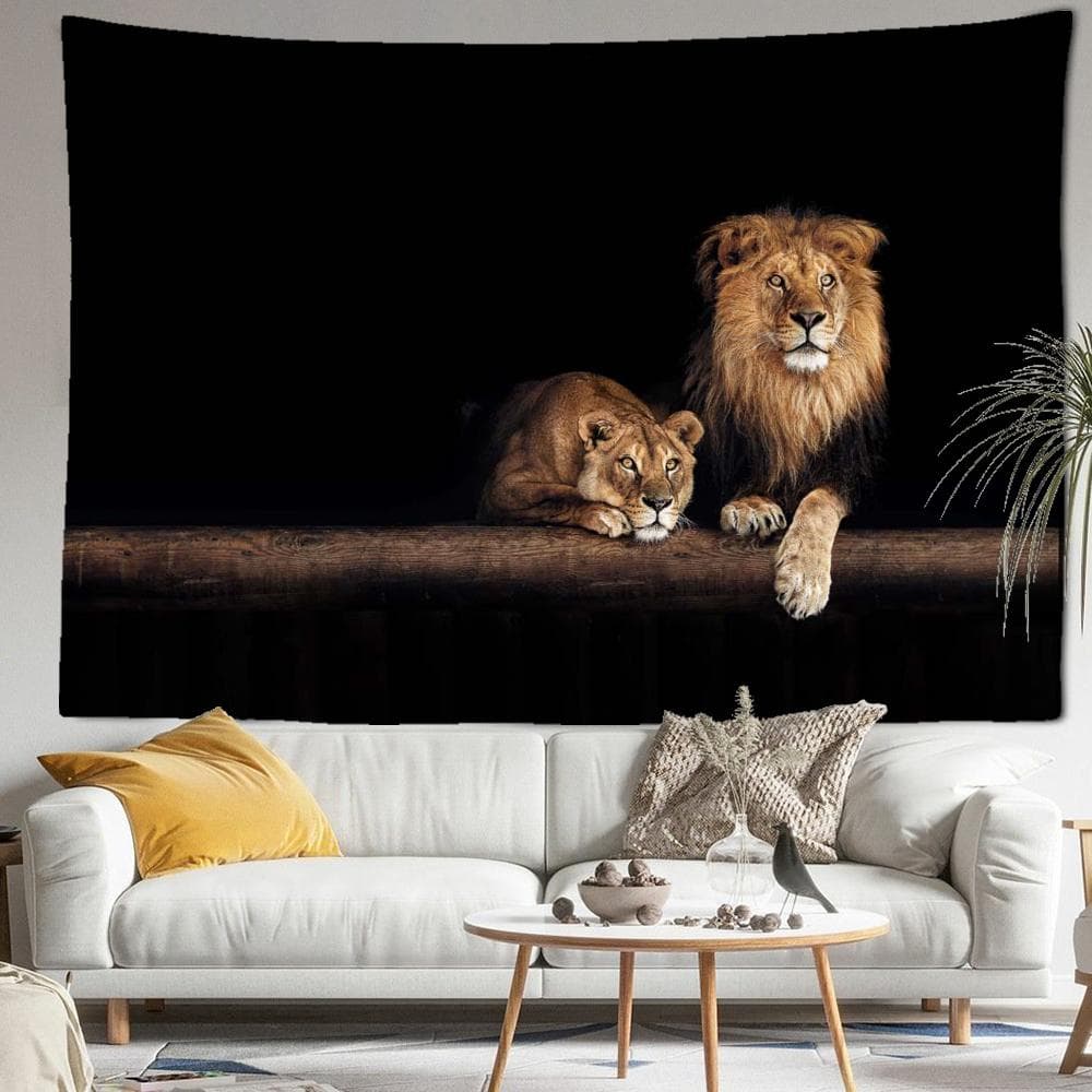 Two Lion Tapestry Wall Hanging Art Abstract Animals Hippie Tapiz Simple Living Room Dormitory Home Decor 95x70CM