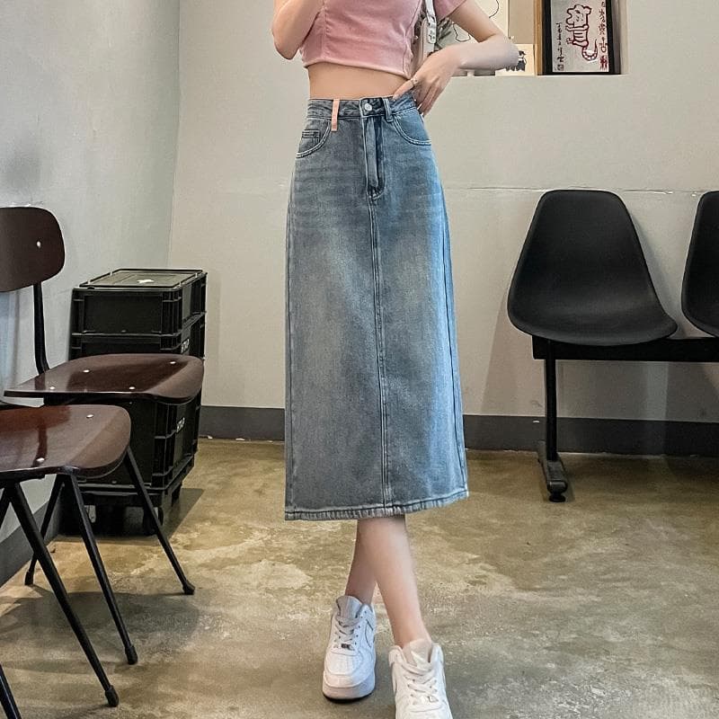 Spring and Summer Denim Skirt for Women In Summer New Denim Slit Small Person Looking Taller and Slim Denim Skirt Personalized Pocket XXL