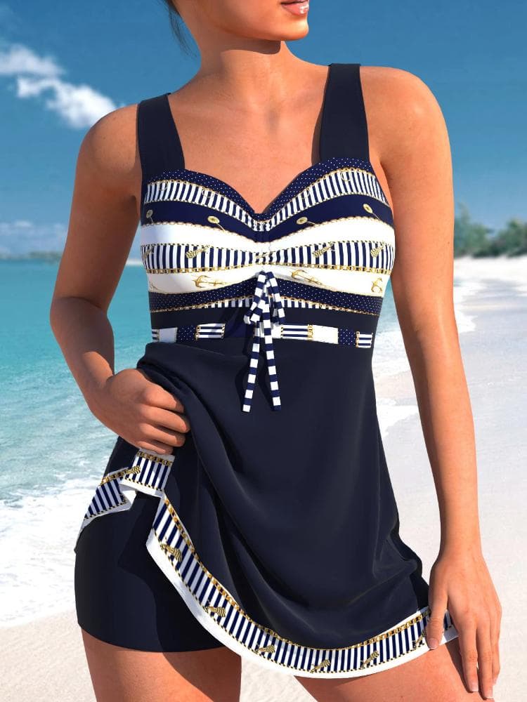 2024 Women's Sexy Beach Swimwear Tankini Two Piece Swimwear Print Tankini Beach Summer Fashion Beach Women's Swimwear Set S dark blue