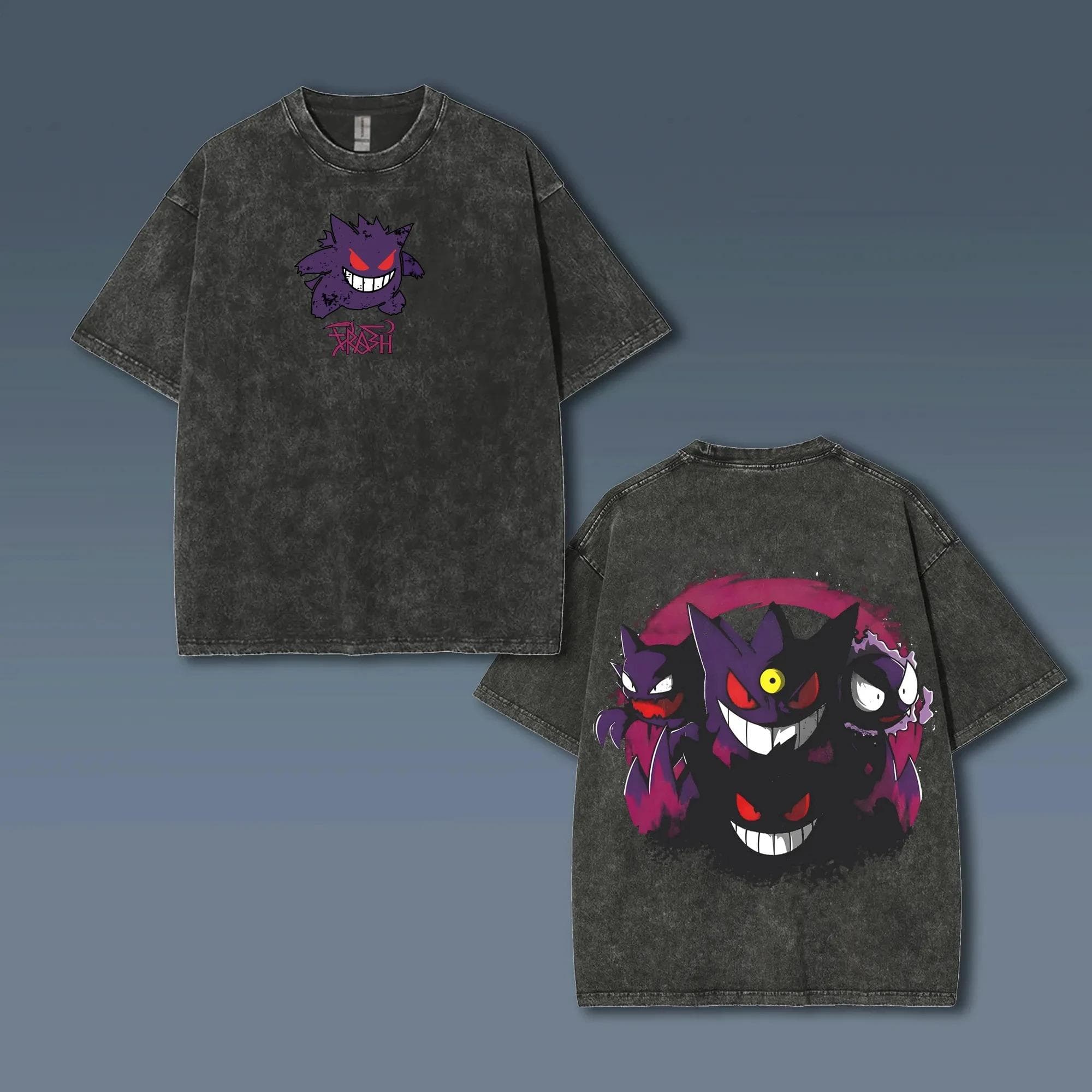 Pokémon Animation Derivatives Gengar Printing Retro Washed Short-sleeved T-shirt Men's and Women's 2026 Summer Fashion Clothing XL blue