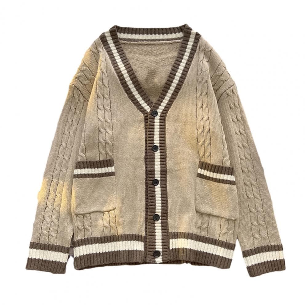 Fall Winter Unisex Sweater Cardigan with Pockets V Neck Knit Color Matching Japanese Style Thick Elastic Long Sleeves Slim Fit W M khaki