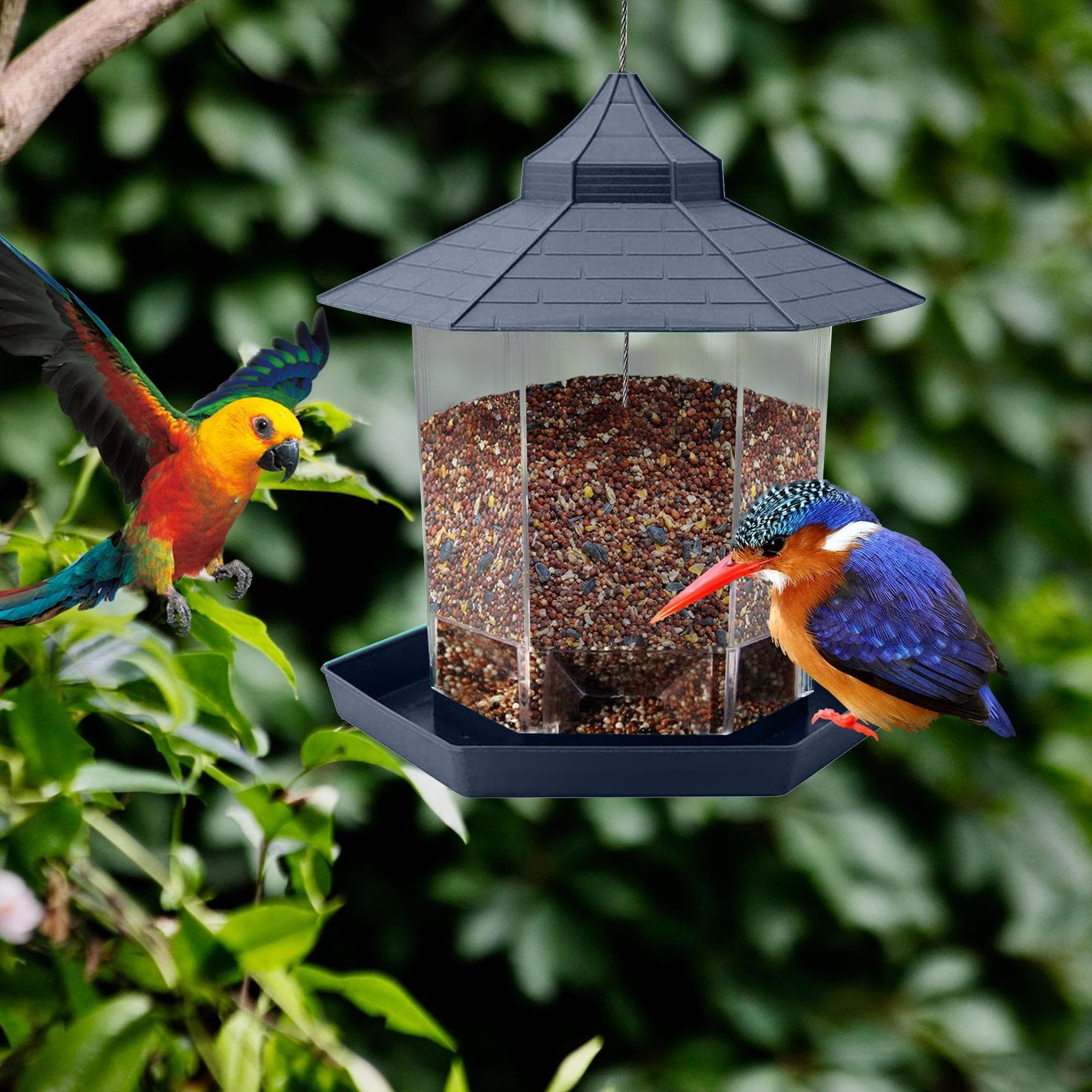 Hanging Bird Feeder Gazebo Wild Bird Feeders Hexagon Shaped with Roof for Garden Yard Outside grey