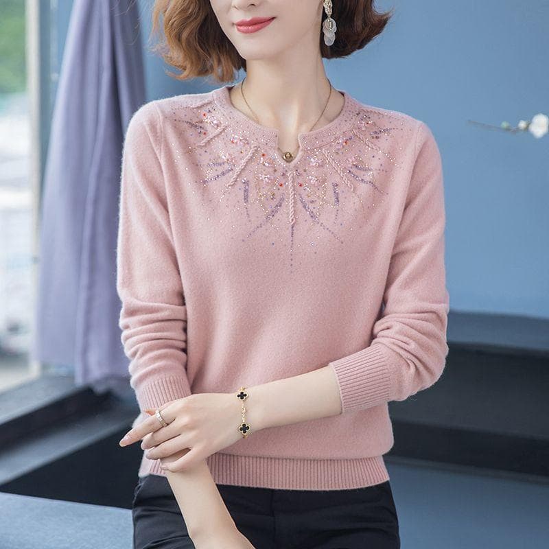 Cashmere Knitted Sweater Embroidered with Diamonds, Women's Loose Oversized Base Sweater M