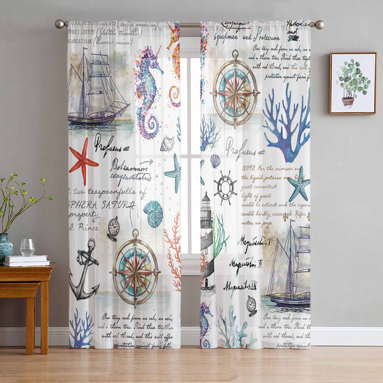 Marine Plant Coral Sailboat Anchor Window Tulle Curtains for Living Room Bedroom Hotel Luxury Decoration Sheer Curtains 135W x 114H(cm)