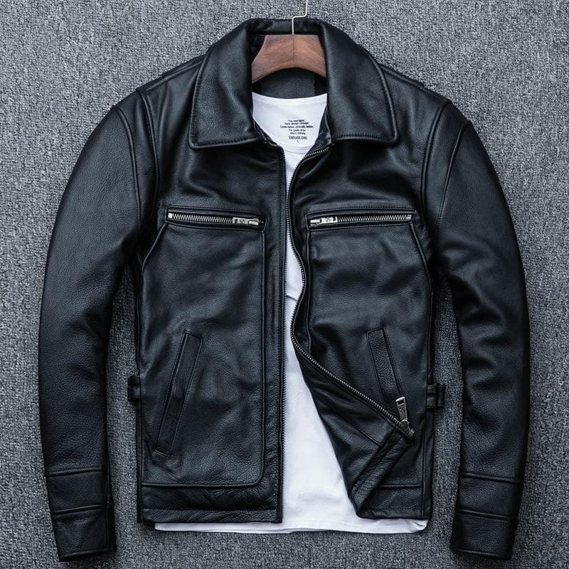 Genuine Leather Men's Top Layer Cowhide Slim Fit Motorcycle Leather Jacket Men's Trendy Jacket XXL black