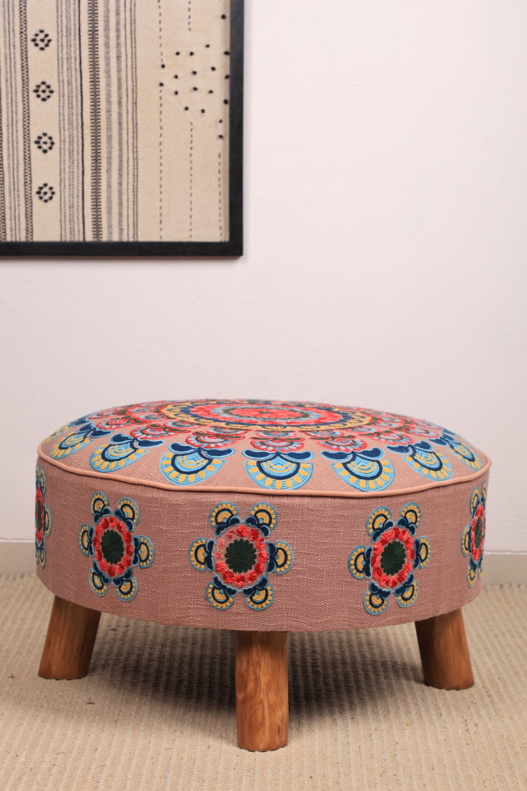Mandala Slub Embroidered Stool - Multicolor Cotton Ottoman with Bamboo Wood Legs, 60 x 30 cm 60x60x20 cm