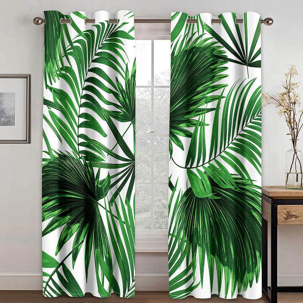 Tropical Green Plant Leaves Window Treatments Curtains for Living Room Kitchen Window Treatments Panel Drapes 100W160H(CM)40x63in&Grommet Top