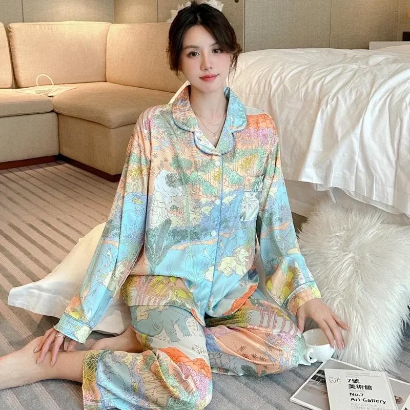 Colorful Jungle Pajama Satin Silk Spring Autumn Long Sleeves Long Pants Young Girl Thin Homewear Casual Set Loose Sleepwear 2XL