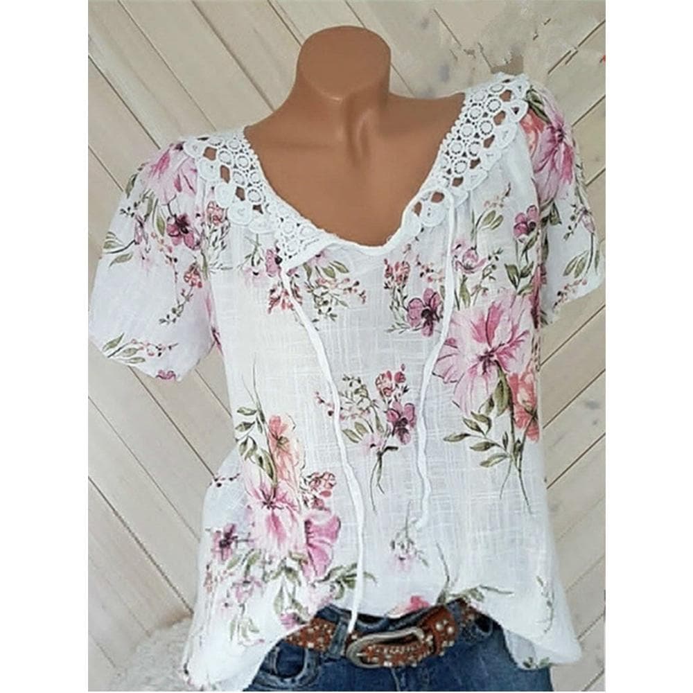 Summer Casual Women's Printed V Neck T Shirt Lace Short Sleeve Top S white