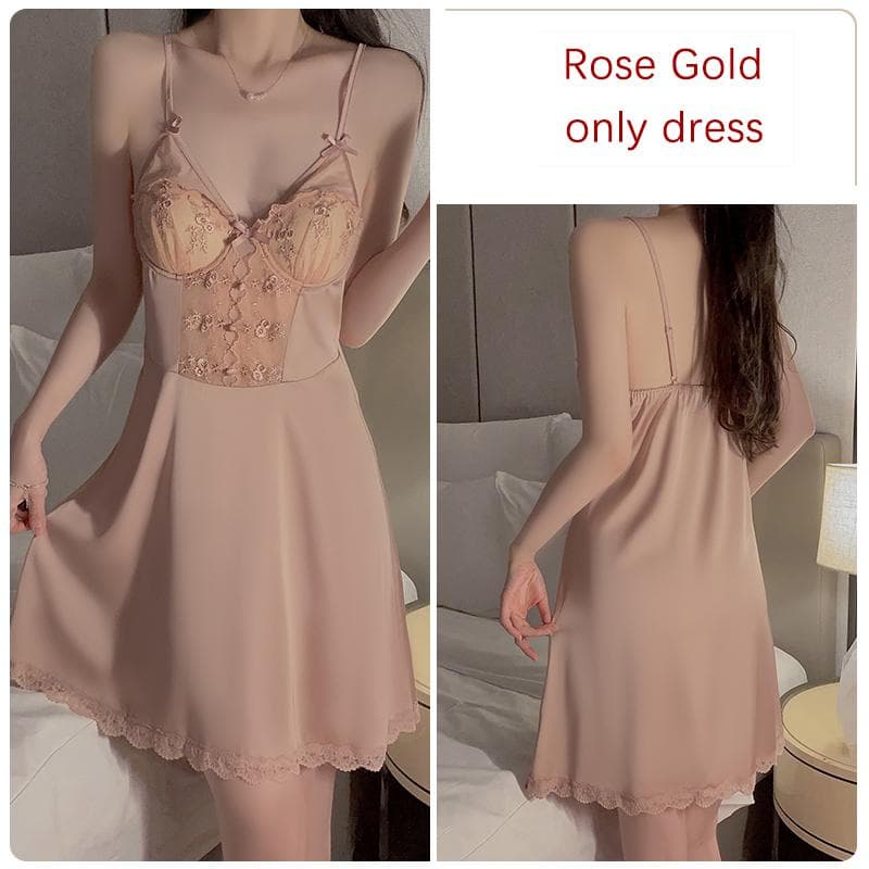 Summer Ice Silk Pajamas Set for Women Embroidered Sexy Lace Chest Pad Underwire Sexy Pajamas Robe Set for Women L