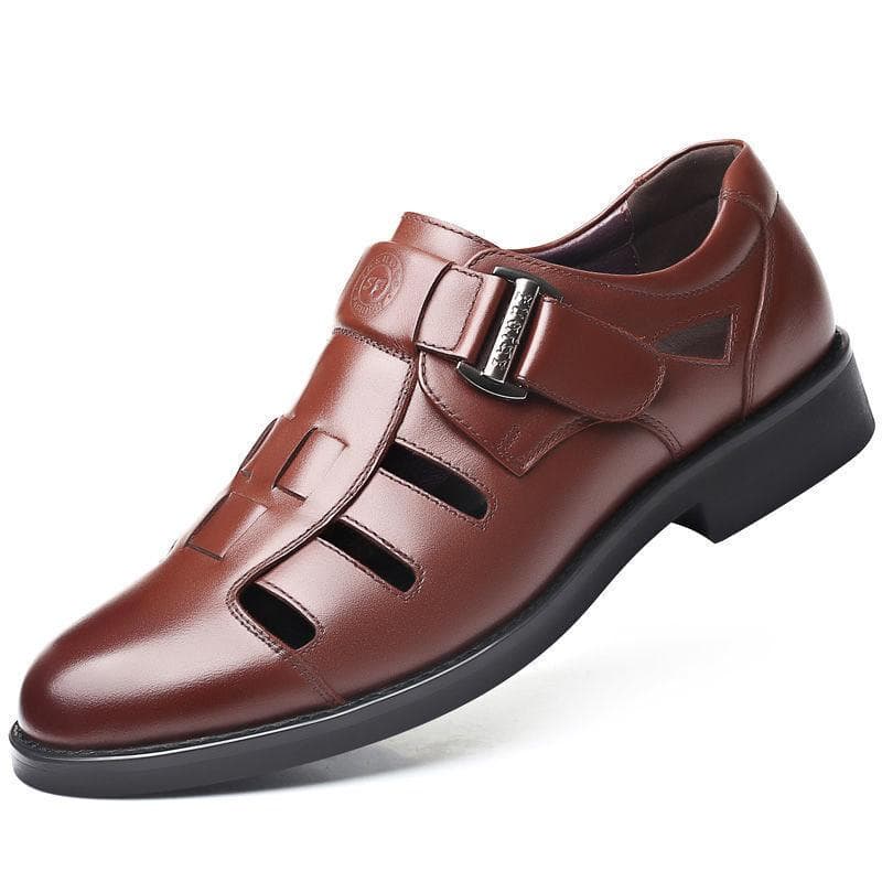 Summer Leather Sandals New Men's Hole Leather Shoes Baotou Hollow Middle Aged Dad Breathable Casual Men's Shoes 42