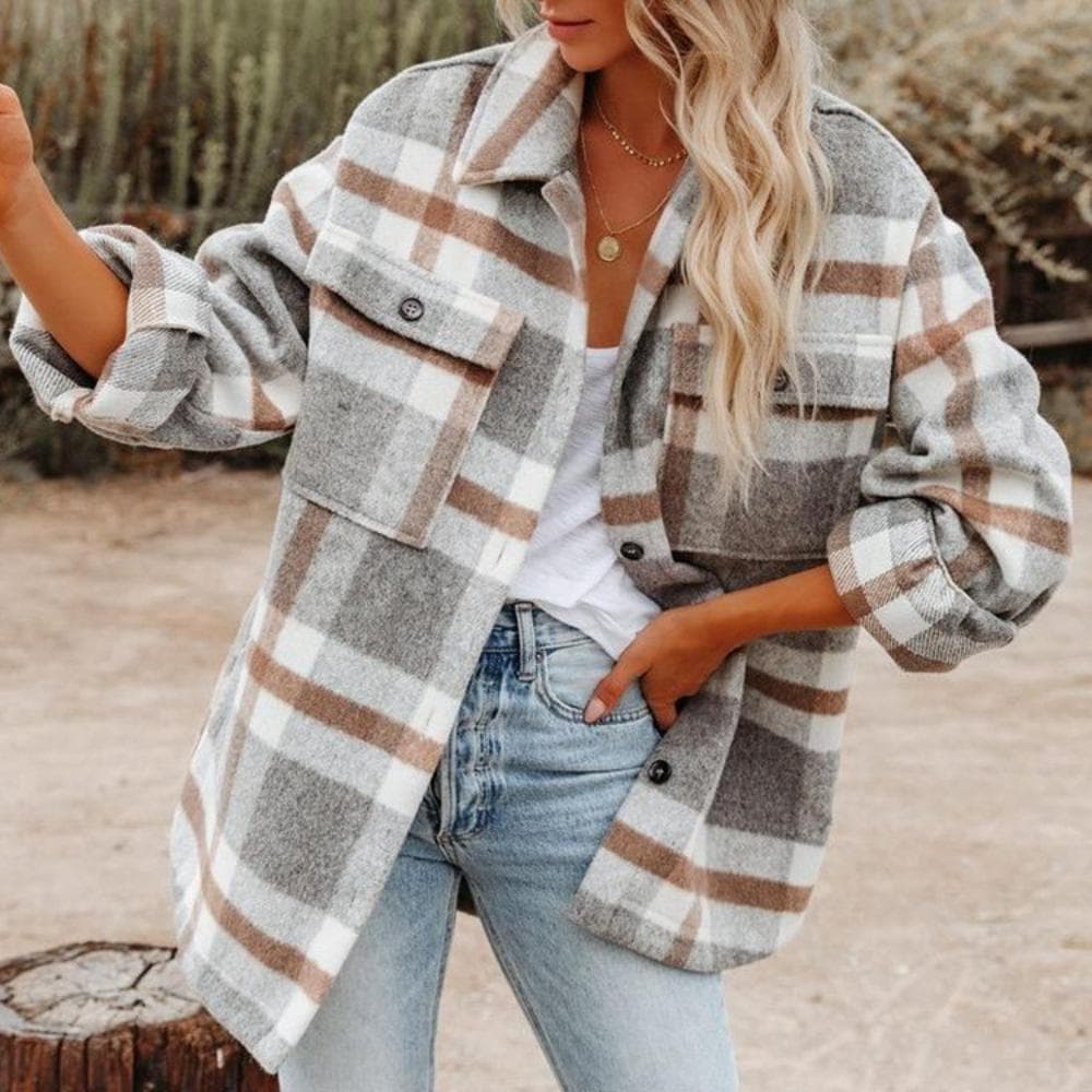 Autumn and Winter Women's Shirt Jacket Plaid Button Flannel Tweed Shirt Jacket Tops L light grey