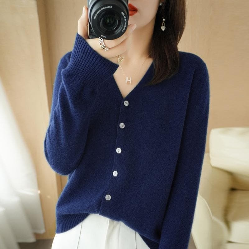 Women Cardigans Autumn Winter Single Breasted Knitwears Long Sleeve V-neck Knit Cardigan Korean Fashion Spring Casual Sweater L navy blue
