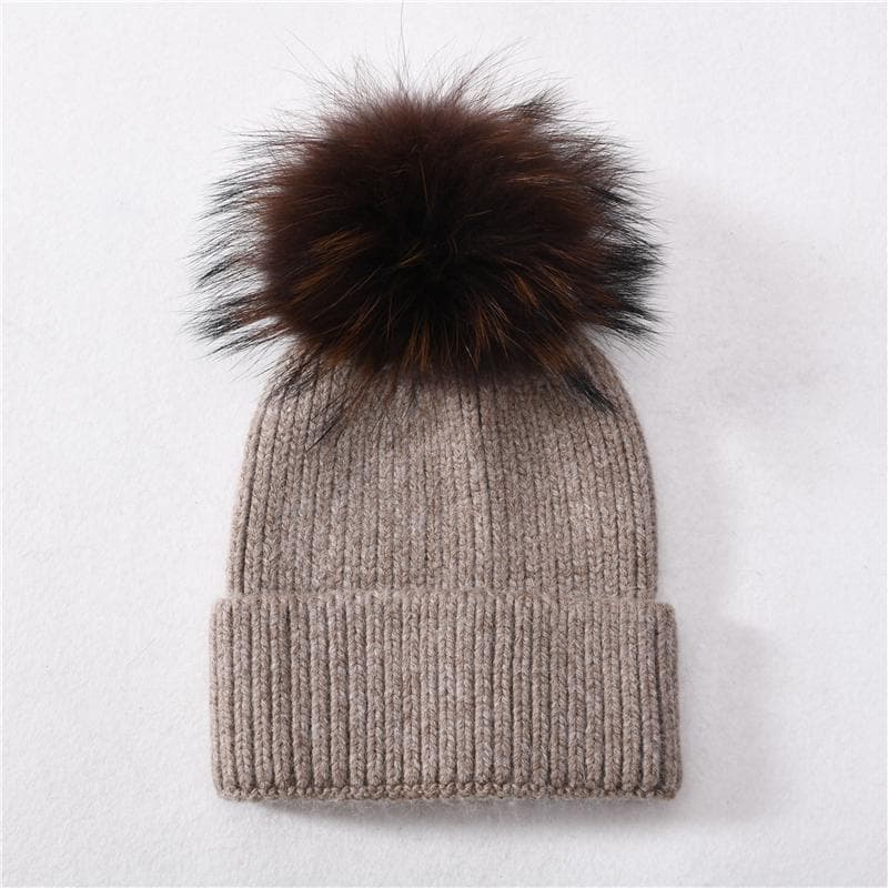 Jaxmonoy Cashmere Knitted Beanie Hat Big Real Raccon Fur Pom Pom Top Beanie High Quality Warm Bonnet Cap Female Hats for Woman