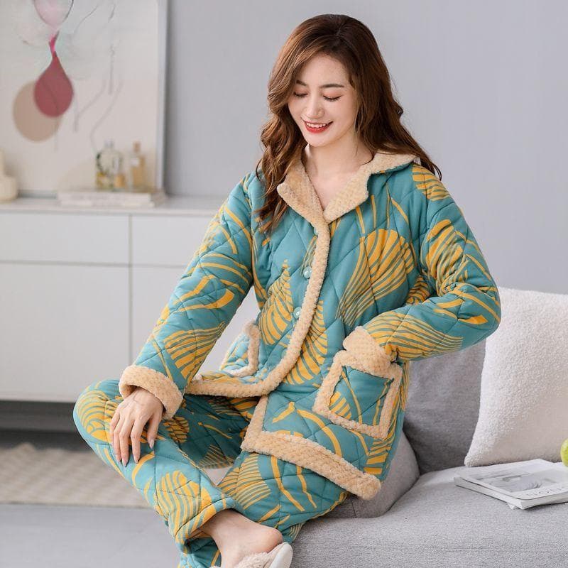 Jacket Pajamas Women Winter Three Layers Warm Plush Thicken Homewear Casual Middle-aged Young Sleepwear Set 2XL