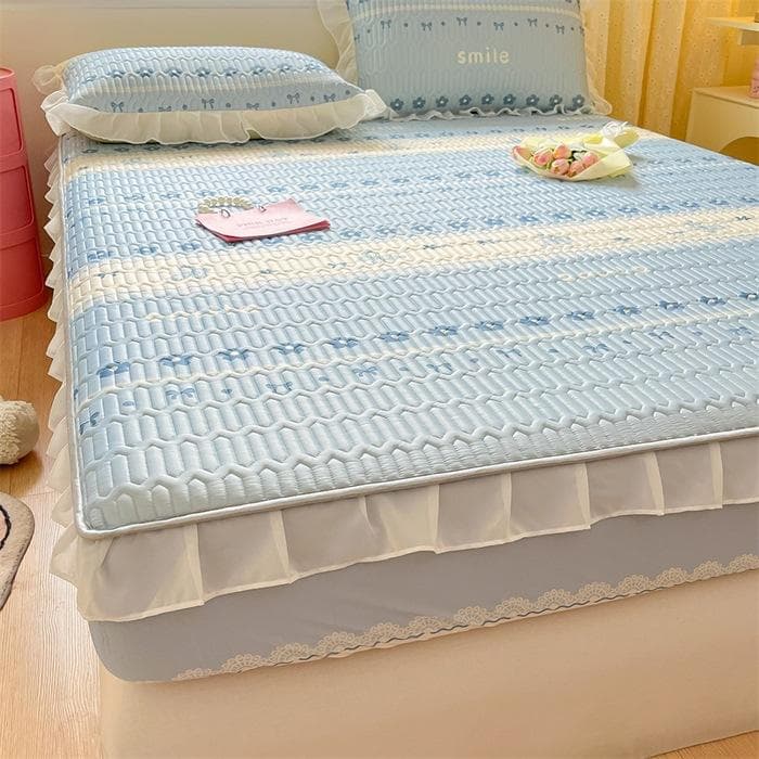 3pcs Summer Girls Lace Bed Skirt Latex Cooler Soft Mattress Mat Cover Home Washable Ice Silk Fitted Bedsheet Set with Pillowcase 150x200cm-3pcs