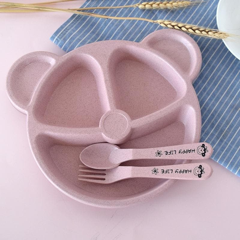 1 Set Baby Bowl Spoon Fork Feeding Tableware BPA Free Cartoon Bear Kids Plates Eating Dinnerware Set Anti-Heat Training Plate pink